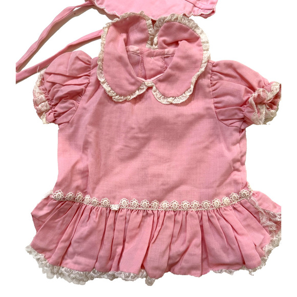 Vintage Dotty Dan Pink Baby Dress Bonnet Set Lace Ruffle Girls Infant Outfit 60s - Picture 3 of 7